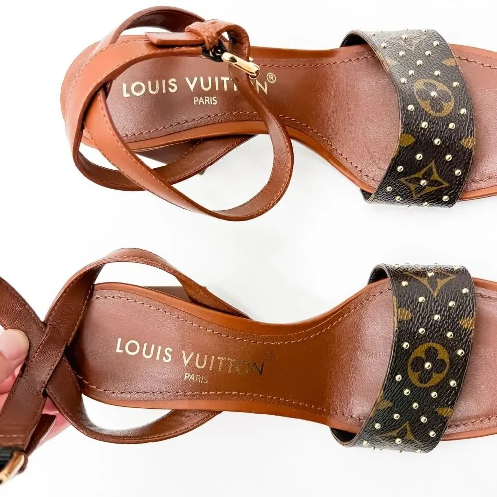 Louis Vuitton NEW LV Monogram Studded Block Heel Leather Sandals EU 38 US 8 - Picture 8 of 11